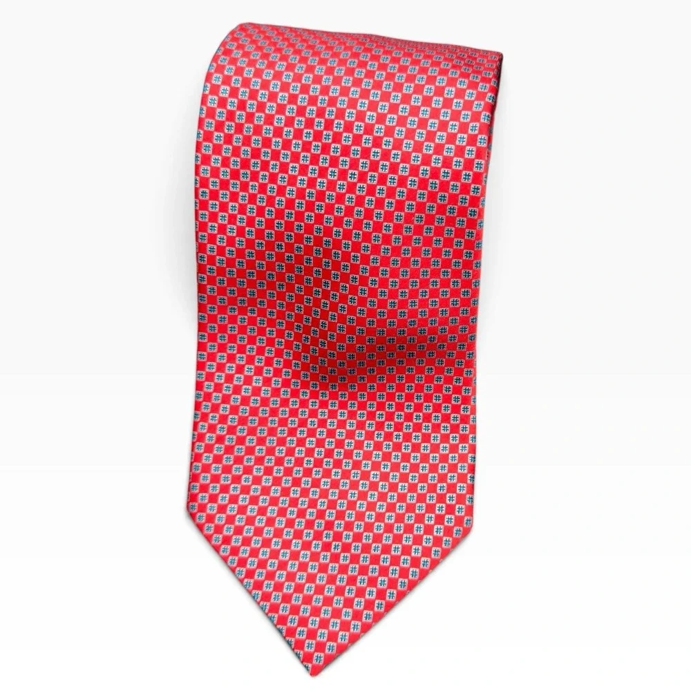Ermenegildo Zegna Silk Tie Red Blue Geometric Small Crest Logo Made In Italy